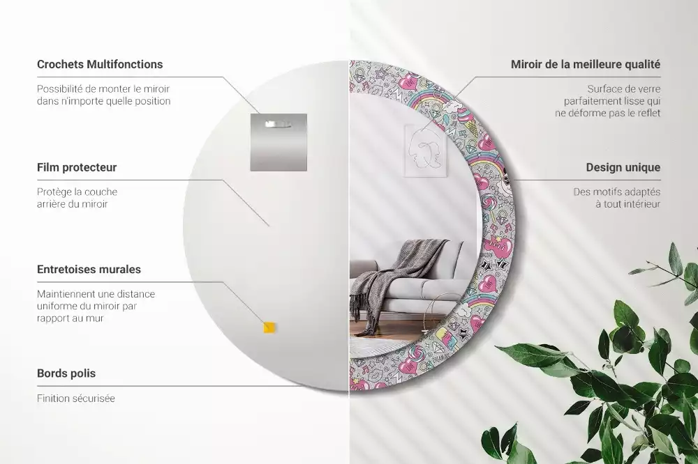 Oglindă rotundă ramă cu imprimeu Panda unicorn