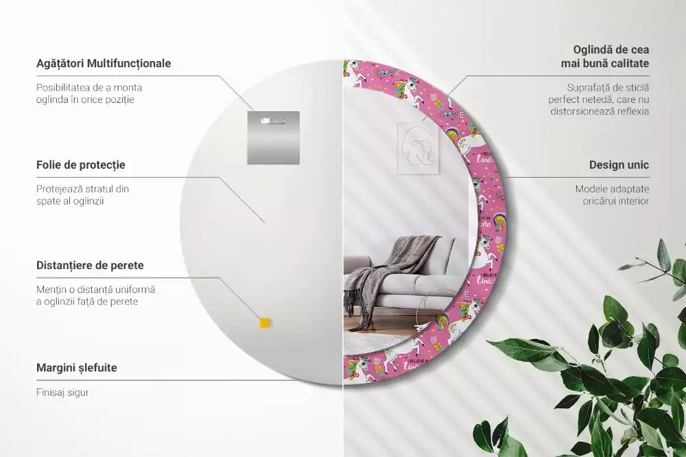 Oglindă rotundă ramă cu imprimeu Unicorn magic