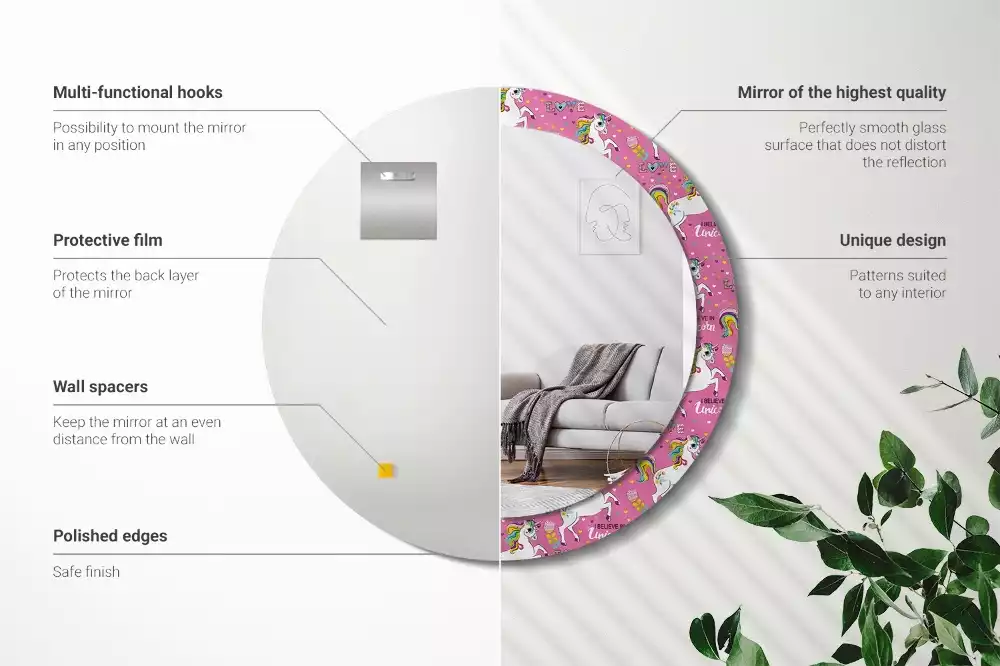 Oglindă rotundă ramă cu imprimeu Unicorn magic