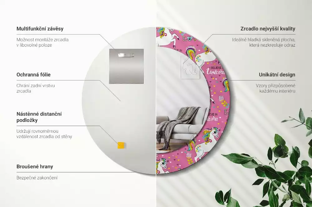 Oglindă rotundă ramă cu imprimeu Unicorn magic