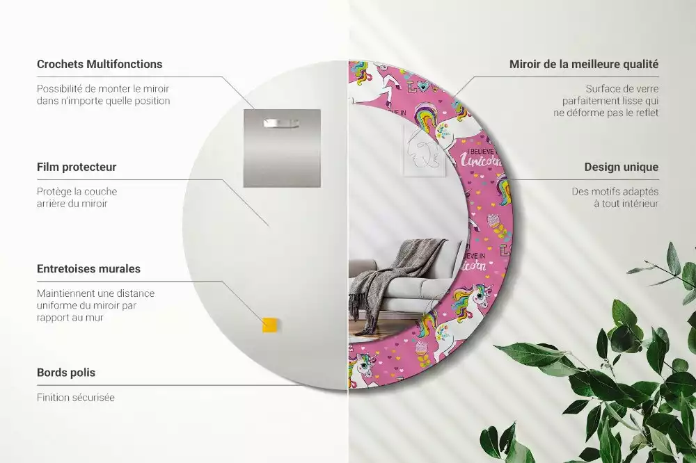 Oglindă rotundă ramă cu imprimeu Unicorn magic
