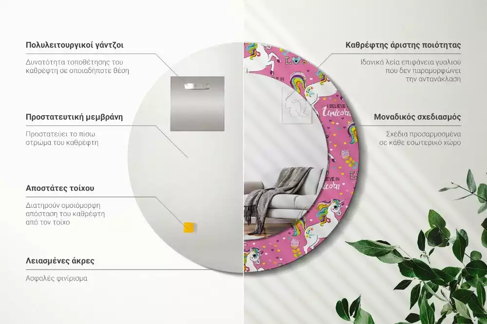 Oglindă rotundă ramă cu imprimeu Unicorn magic