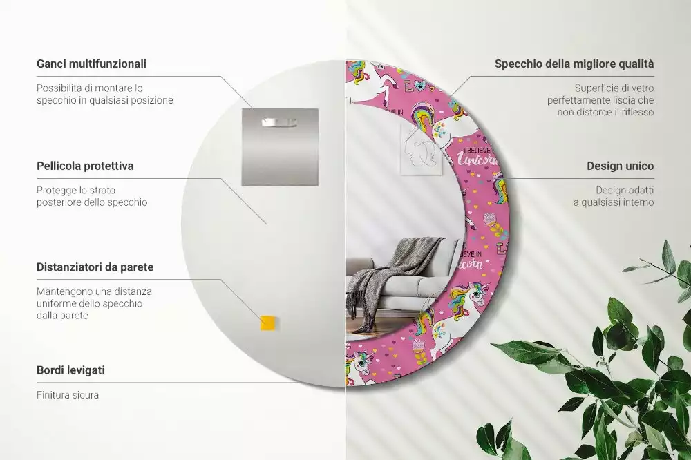 Oglindă rotundă ramă cu imprimeu Unicorn magic
