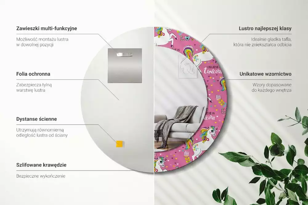 Oglindă rotundă ramă cu imprimeu Unicorn magic