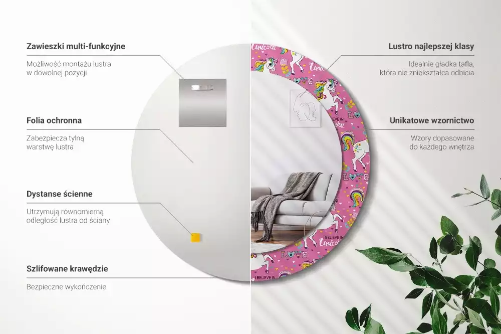 Oglindă rotundă ramă cu imprimeu Unicorn magic