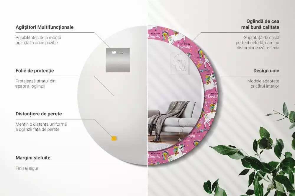 Oglindă rotundă ramă cu imprimeu Unicorn magic