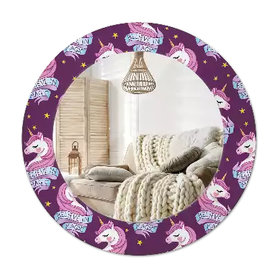 Oglindă rotundă imprimată Unicorn și stele