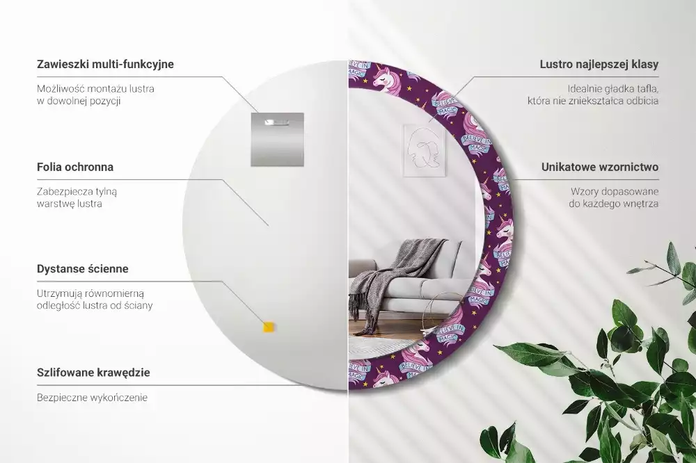 Oglindă rotundă imprimată Unicorn și stele