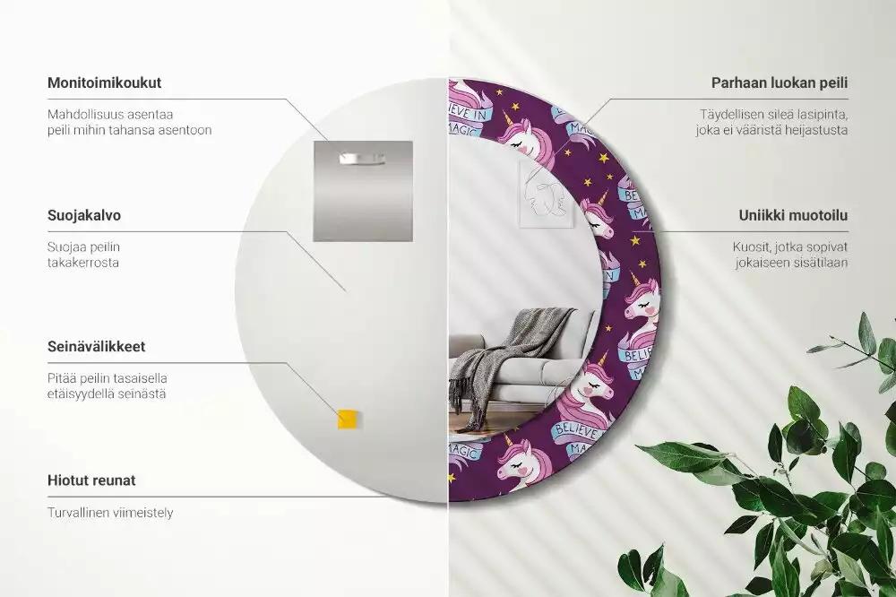 Oglindă rotundă imprimată Unicorn și stele