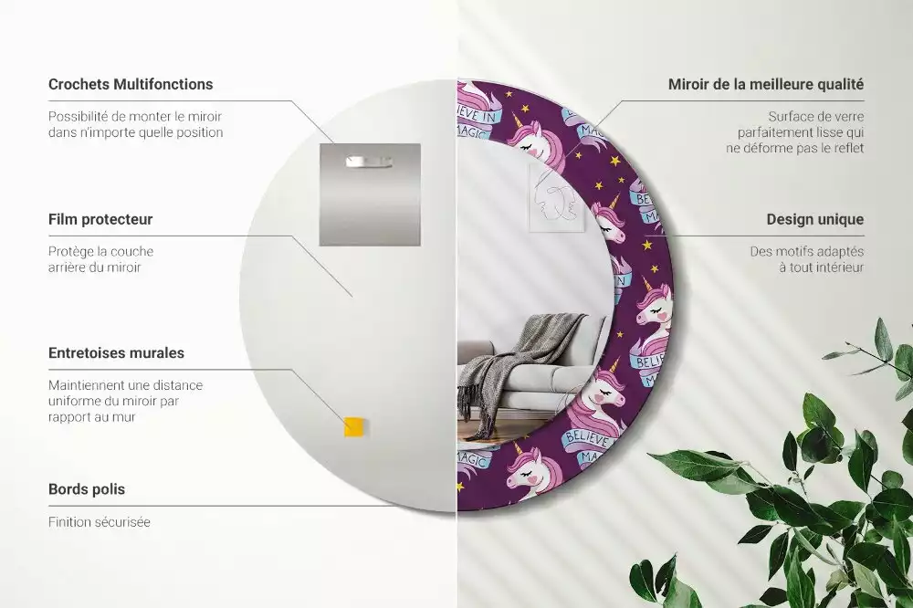 Oglindă rotundă imprimată Unicorn și stele