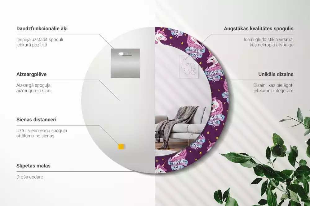 Oglindă rotundă imprimată Unicorn și stele