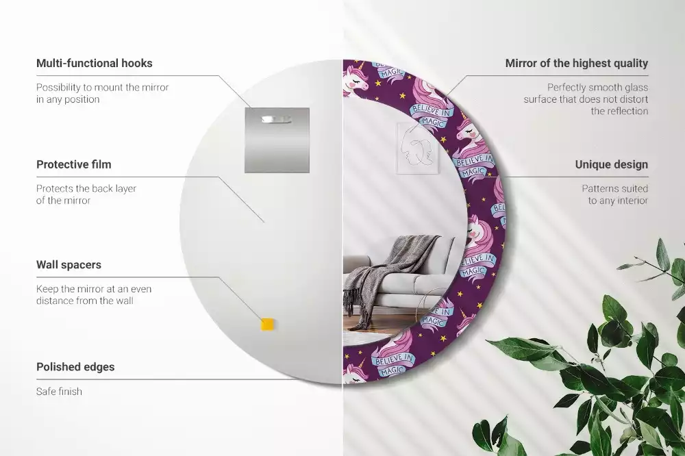 Oglindă rotundă imprimată Unicorn și stele