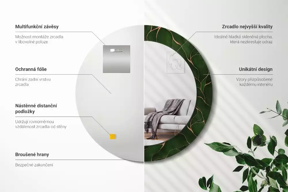 Oglindă rotundă ramă cu imprimeu Frunză abstractă