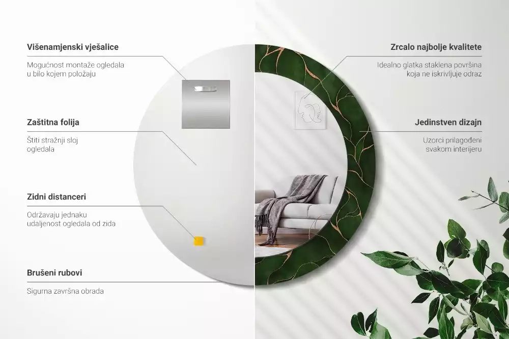 Oglindă rotundă ramă cu imprimeu Frunză abstractă