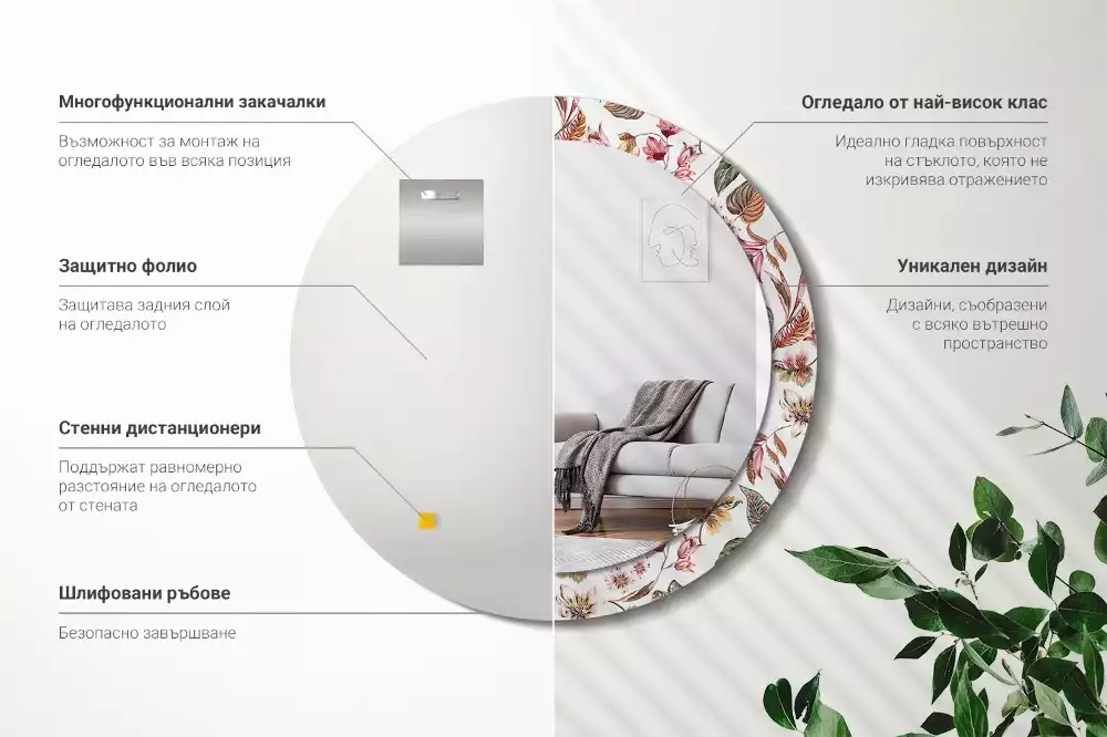 Oglindă rotundă ramă cu imprimeu Flori vintage