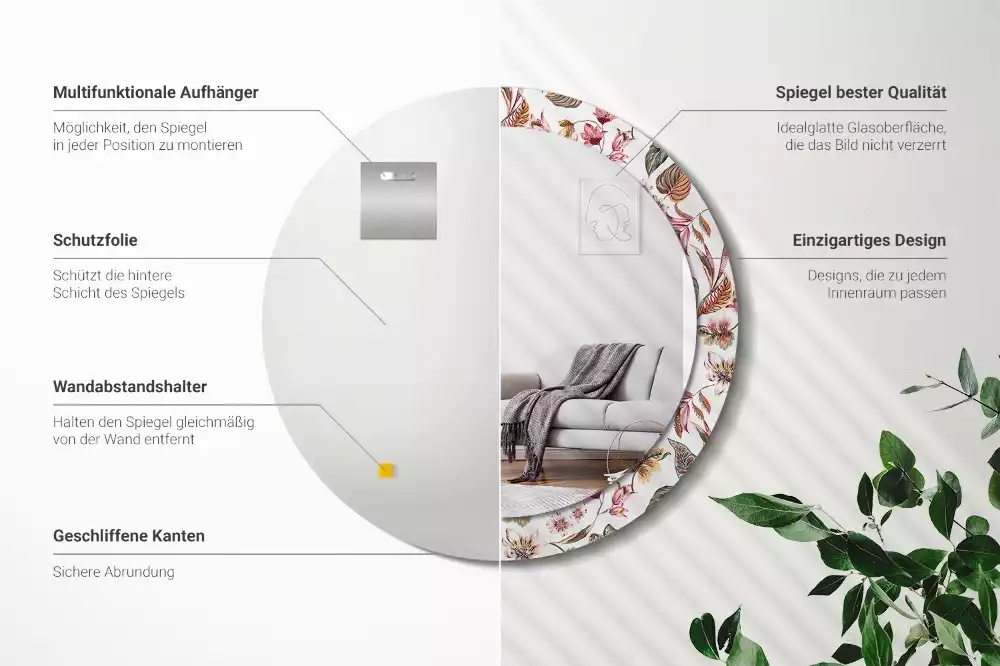 Oglindă rotundă ramă cu imprimeu Flori vintage