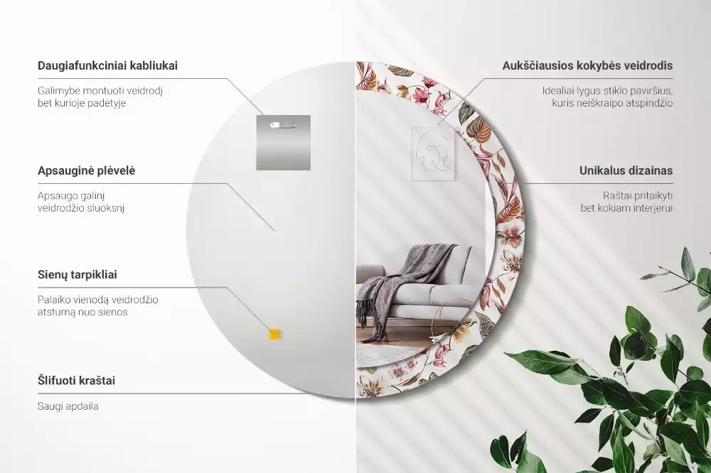 Oglindă rotundă ramă cu imprimeu Flori vintage