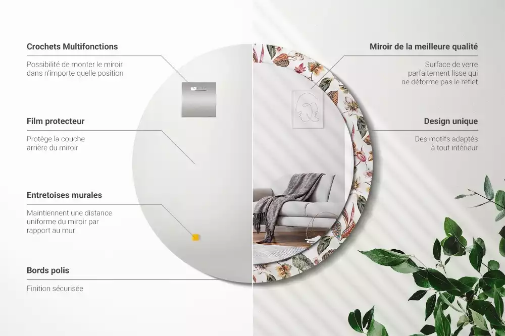 Oglindă rotundă ramă cu imprimeu Flori vintage