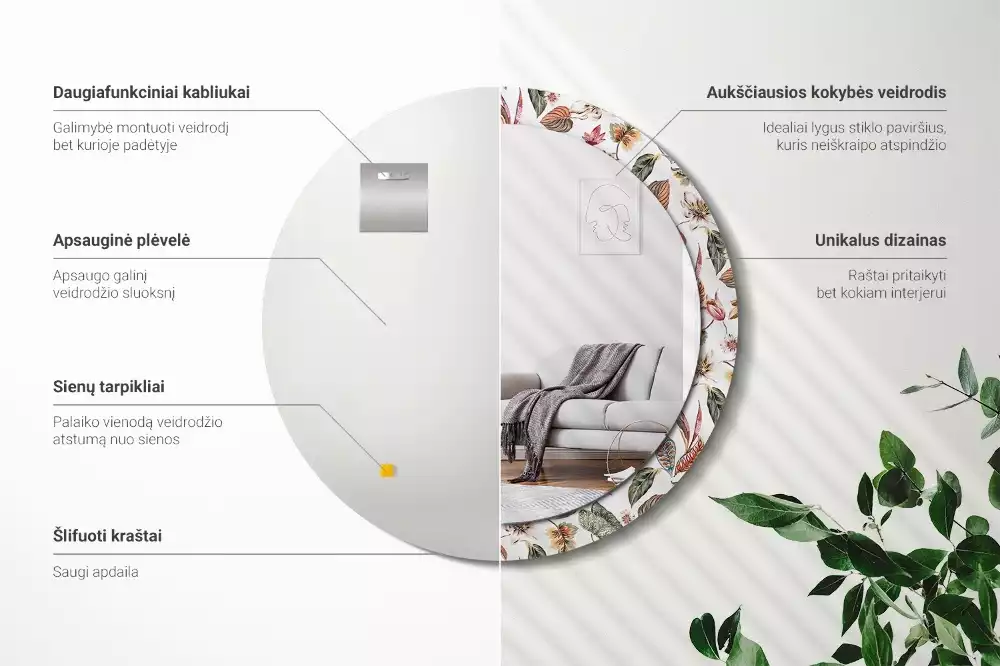 Oglindă rotundă ramă cu imprimeu Flori vintage