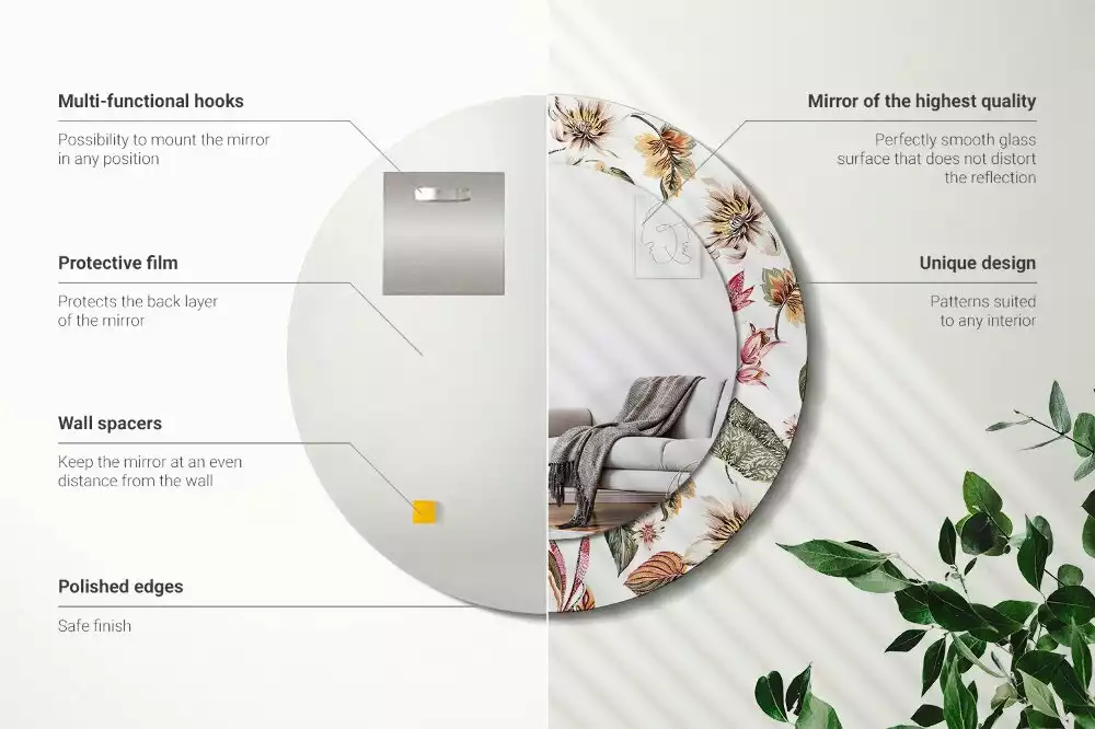 Oglindă rotundă ramă cu imprimeu Flori vintage