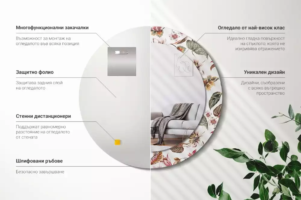 Oglindă rotundă ramă cu imprimeu Flori vintage