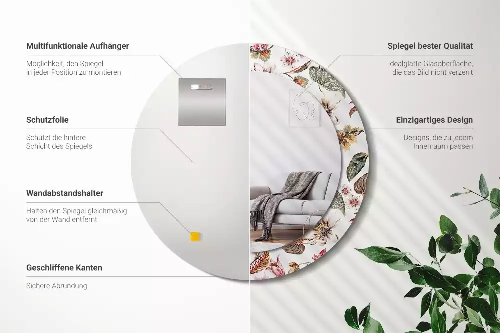 Oglindă rotundă ramă cu imprimeu Flori vintage