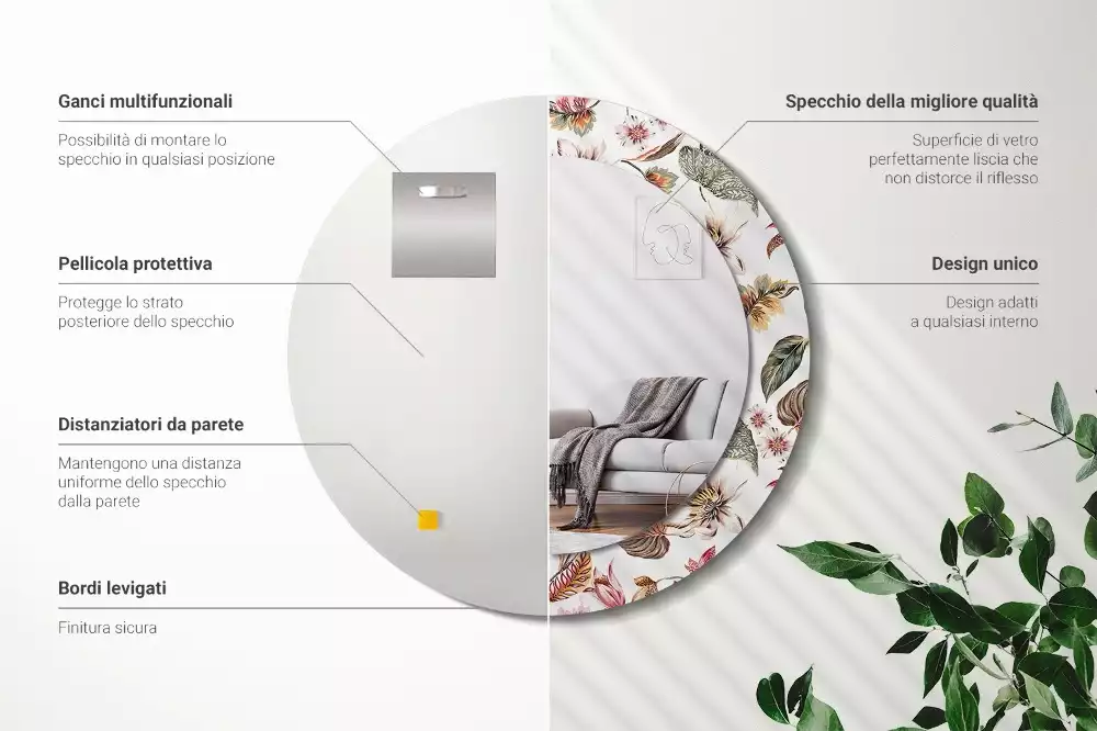 Oglindă rotundă ramă cu imprimeu Flori vintage