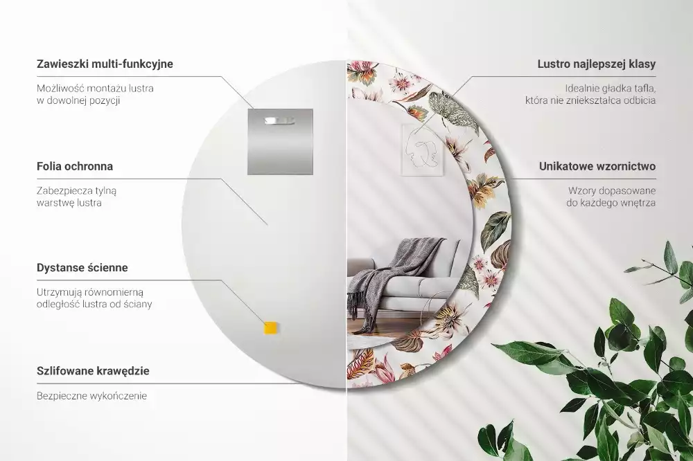 Oglindă rotundă ramă cu imprimeu Flori vintage