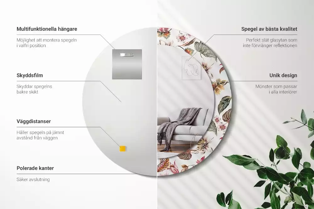 Oglindă rotundă ramă cu imprimeu Flori vintage