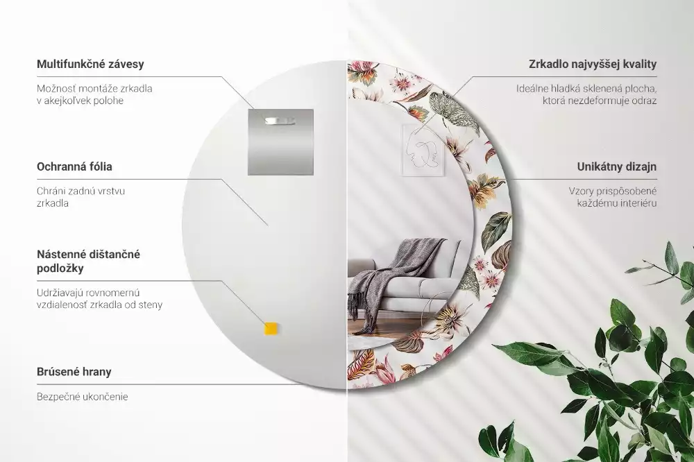 Oglindă rotundă ramă cu imprimeu Flori vintage