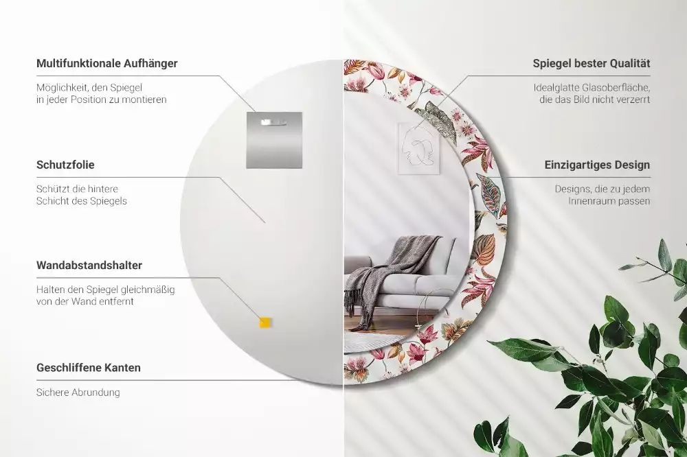 Oglindă rotundă ramă cu imprimeu Flori vintage