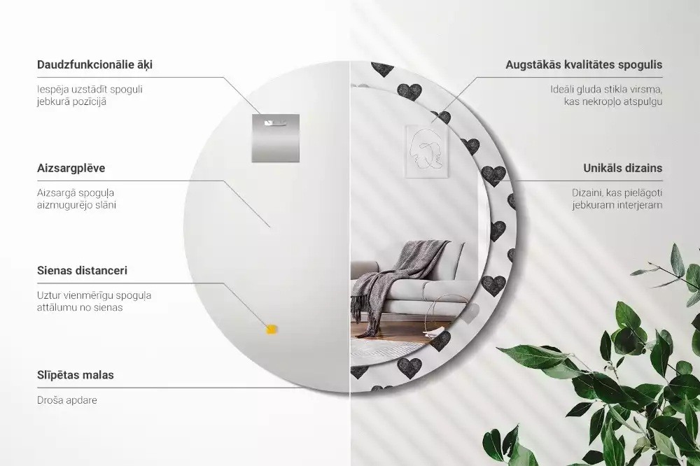 Oglindă rotundă imprimată Inimi abstracte