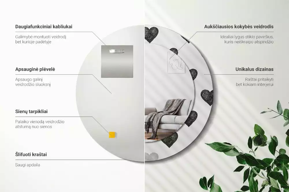 Oglindă rotundă imprimată Inimi abstracte