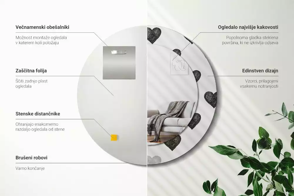 Oglindă rotundă imprimată Inimi abstracte