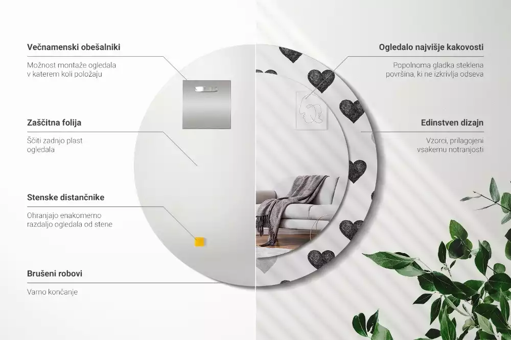 Oglindă rotundă imprimată Inimi abstracte