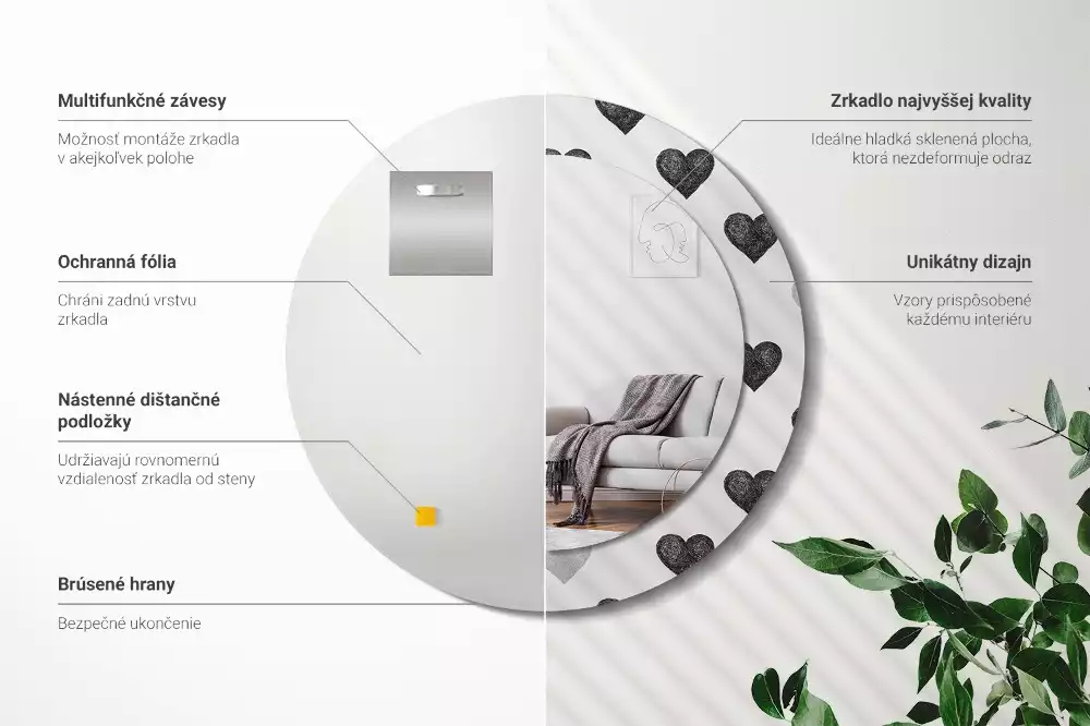 Oglindă rotundă imprimată Inimi abstracte