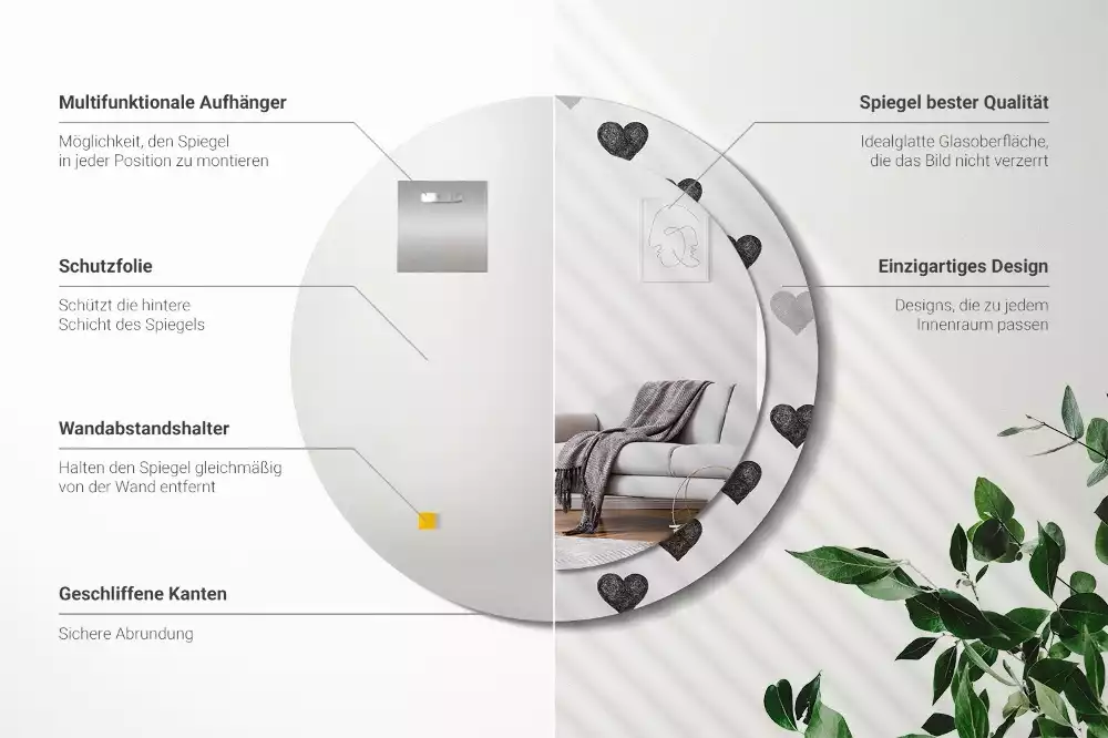 Oglindă rotundă imprimată Inimi abstracte