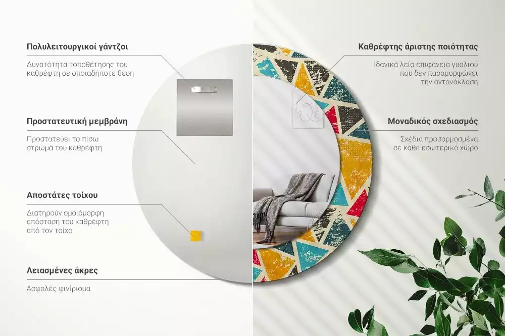 Oglindă rotundă ramă cu imprimeu Compoziție retro