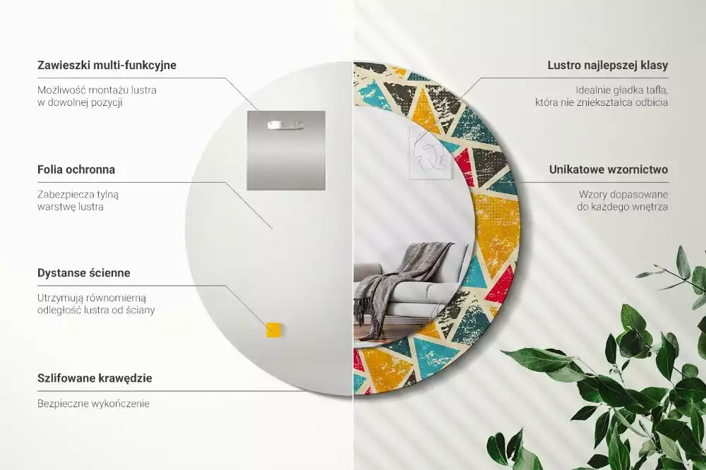 Oglindă rotundă ramă cu imprimeu Compoziție retro