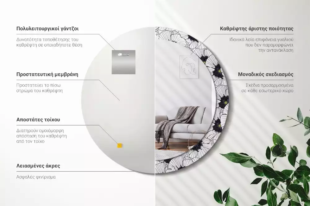 Oglindă rotundă imprimată Compoziție florală