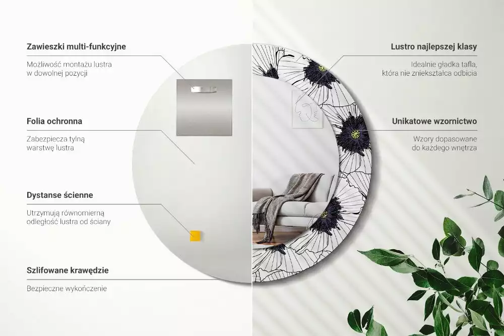 Oglindă rotundă imprimată Compoziție florală