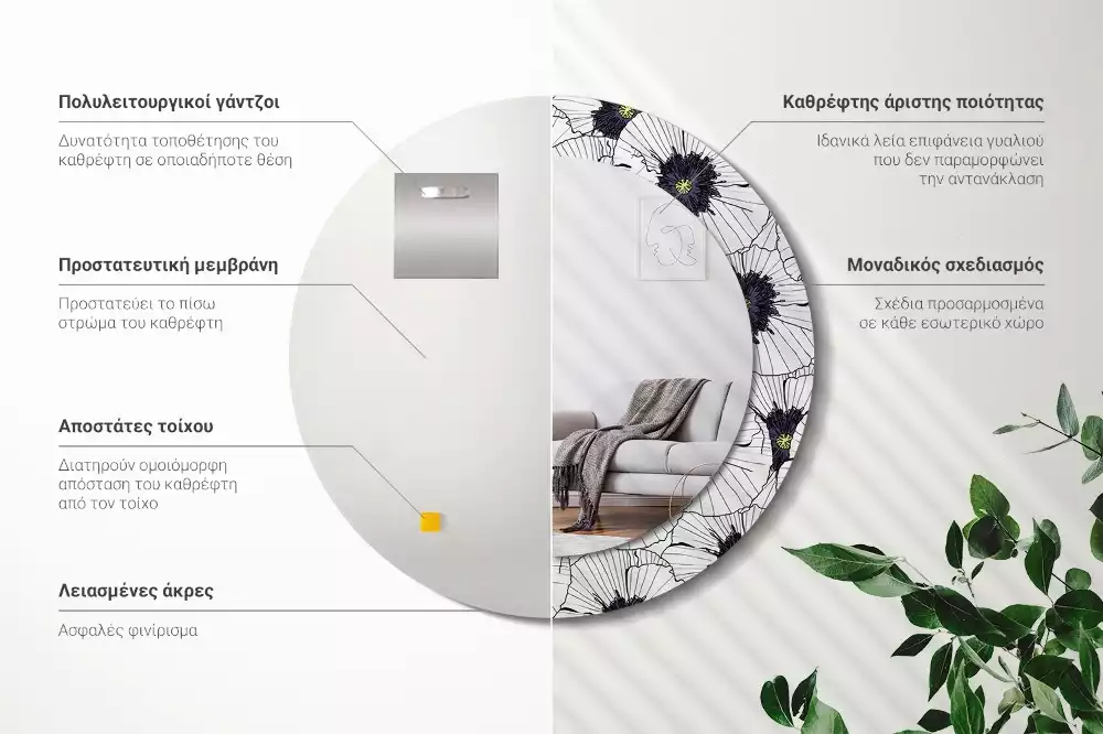 Oglindă rotundă imprimată Compoziție florală