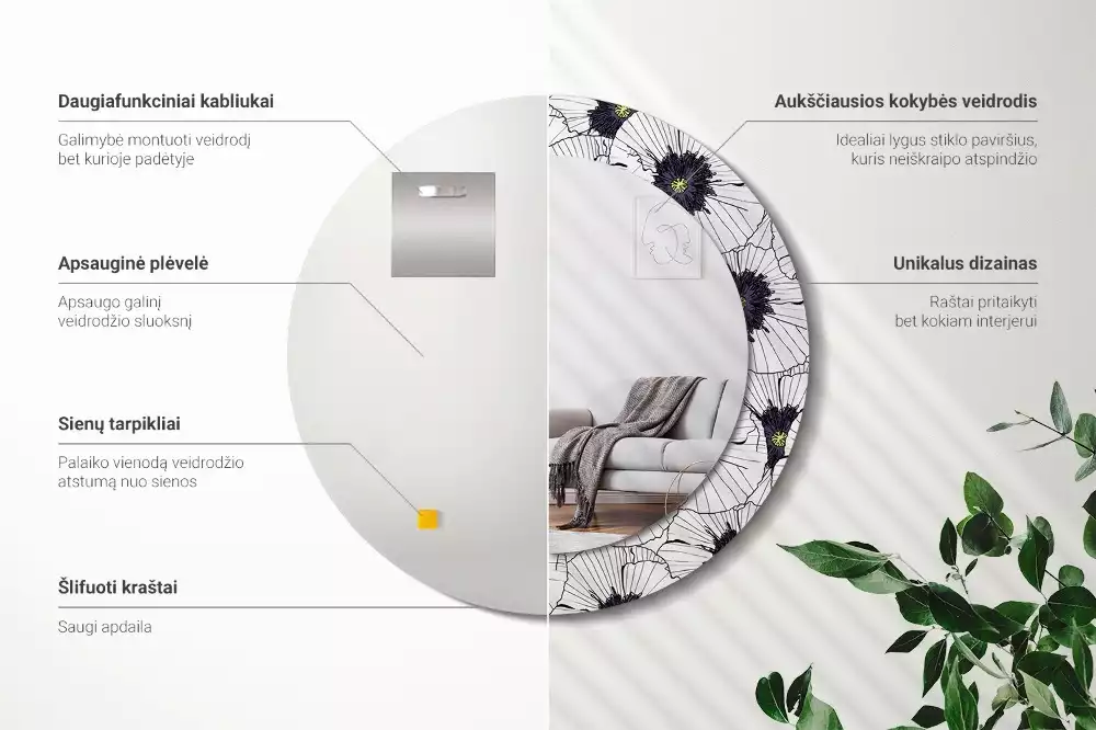 Oglindă rotundă imprimată Compoziție florală