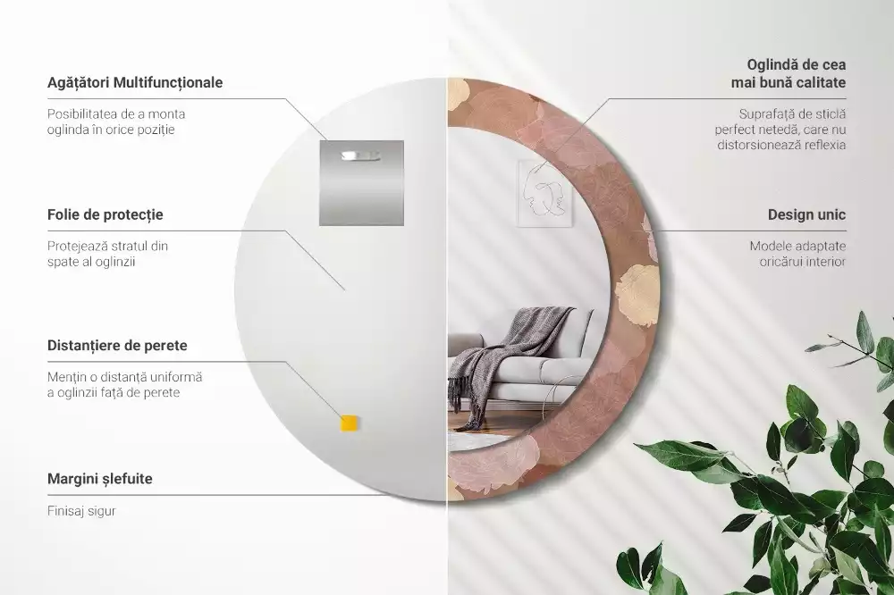 Oglindă rotundă ramă cu imprimeu Compoziție cu trandafiri