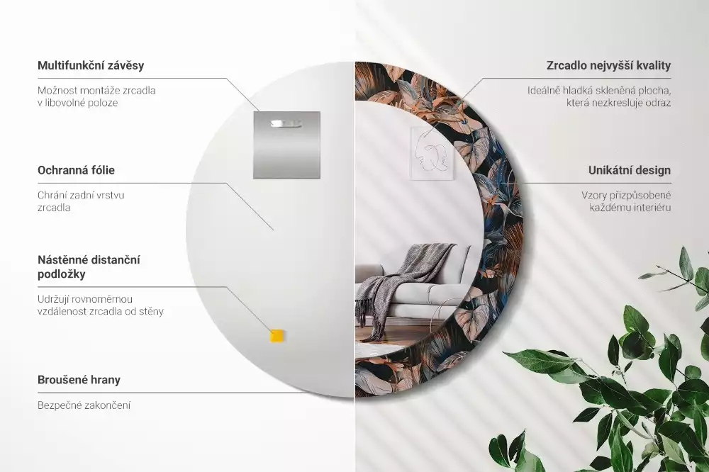 Oglindă cu decor rotundă Frunze tropicale întunecate