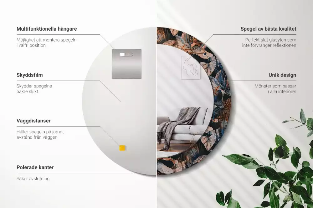 Oglindă cu decor rotundă Frunze tropicale întunecate