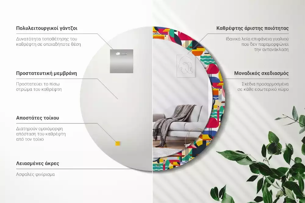 Oglindă cu decor rotundă Păsări tropicale geometrice