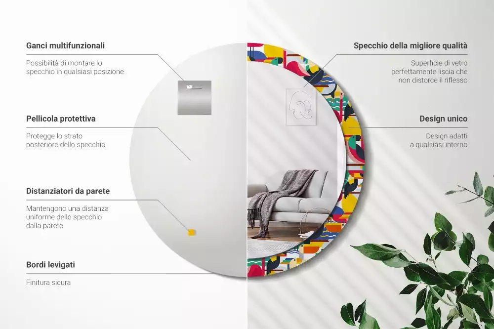 Oglindă cu decor rotundă Păsări tropicale geometrice