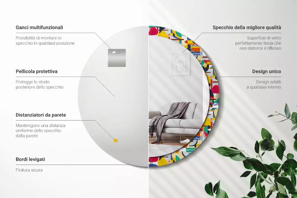 Oglindă cu decor rotundă Păsări tropicale geometrice