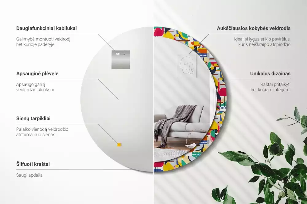 Oglindă cu decor rotundă Păsări tropicale geometrice